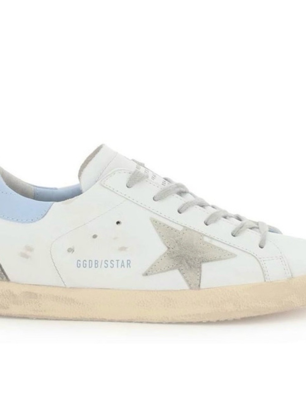 Authentic Golden Goose White Leather Sneakers with Gray Star and Light Blue Heel